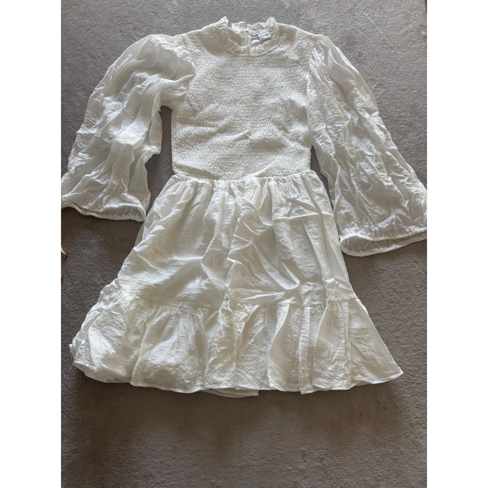 Selfie Leslie White Smocked Mini Dress with Sheer Puff Sleeves